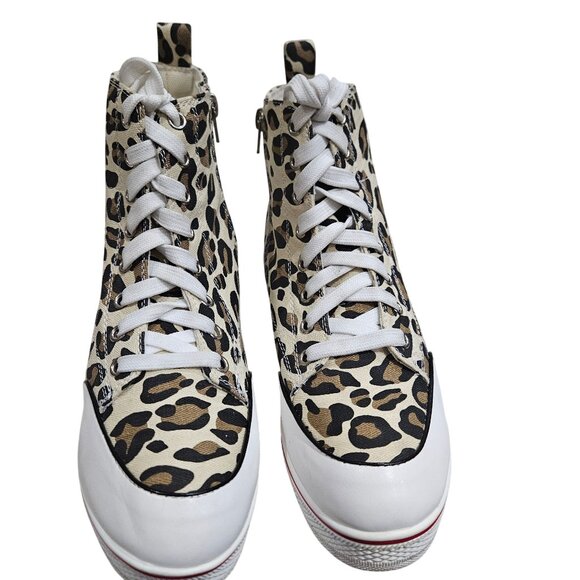Leopard Print Wedge Sneakers With Side Zipper & White Laces US 10.5 EU 43 - Picture 2 of 5